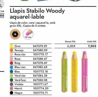 Abacus Amb iva  llapis stabilo woody 12,00€ aquarel-lable  llapis de color, cera i aquarel-la, amb gruix xxl. capsa de 5 unitats.  1 oferta