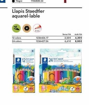 Abacus 12 colors  24 colors  121  llapis staedtler aquarel-lable  3 mm  1236426.17 1236427.26  24  sense iva  3,55 €  6,61€  noris a oferta