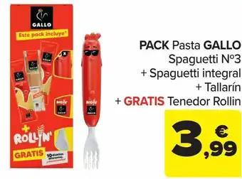 Carrefour Pack pasta gallo spaguetti nº3 + spaguetti integral + tallarín + gratis tenedor rollin oferta