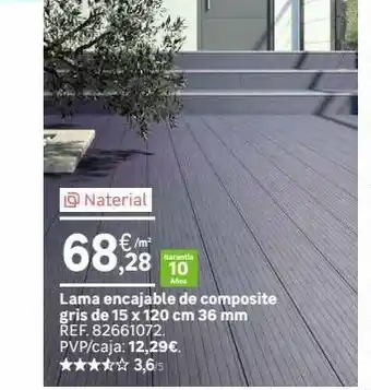 Leroy Merlin Naterial 68,28 años lama encajable de composite gris de 15 x 120 cm 36 mm ref. 82661072. pvp/caja: 12,29€. ✰✰✰3,6/5 gara oferta