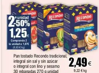 FROIZ Pan tostado recondo tradicional, integral sin sal y sin azúcar o integral con y sesamo 30 rebanadas oferta