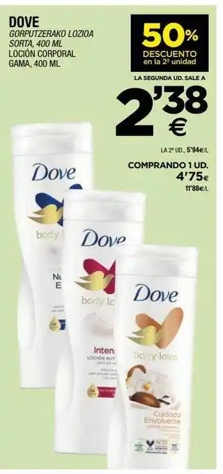 BM Supermercados 50% descuento en la 2a unidad dove loción corporal gama oferta