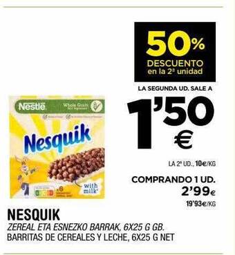 BM Supermercados 50% descuento en la 2a unidad nesquik barritas de cereales y leche oferta