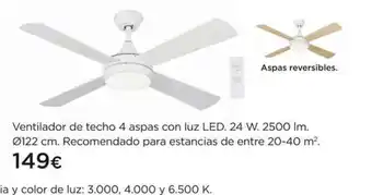 Hipercor Ventilador de techo 4 aspas con luz led 24w 2500 oferta