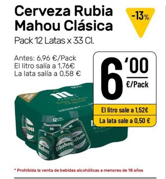 AhorraMas Cerveza Rubia Mahou Clásica Pack 12 Latas x 33 cl. oferta