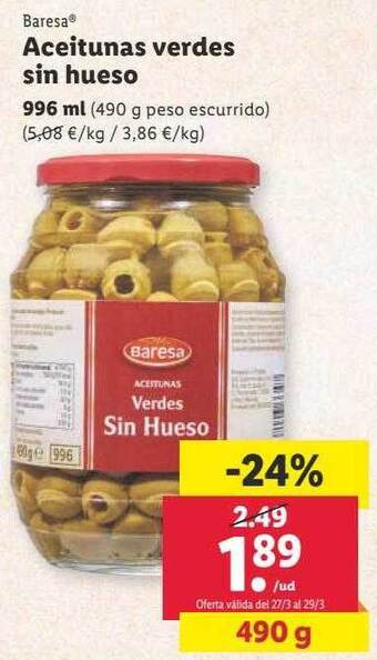 Lidl Baresa aceitunas verdes sin hueso oferta