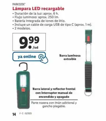 Lidl Parkside lámpara led recargable oferta