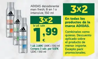 HiperDino ADIDAS desodorante man fresh, 6 en 1 o intensive, 150 ml oferta