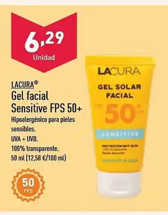 ALDI Lacura gel facial sensitive fps 50+ oferta