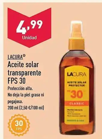 ALDI Lacura aceite solar transparente fps 30 oferta