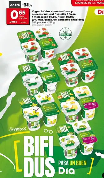 Dia Yogur Bífidus cremoso fresa y nueces/natural/vainilla/fresa/melocotón 0%0%/kiwi 0%0%0% mat.grasa,0% azúcares añadidos) 4x125g oferta