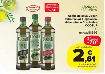 Carrefour Market 2a unidad -70% aceite de oliva virgen extra picual, hojiblanca, arbequina o cornicabra coosur oferta