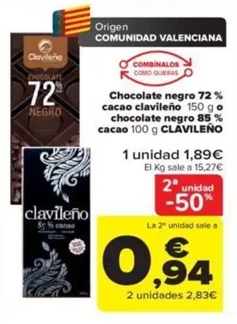 Carrefour Chocolate Negro 72% Cacao Clavileño o Chocolate Negro 85% Cacao Clavileño oferta