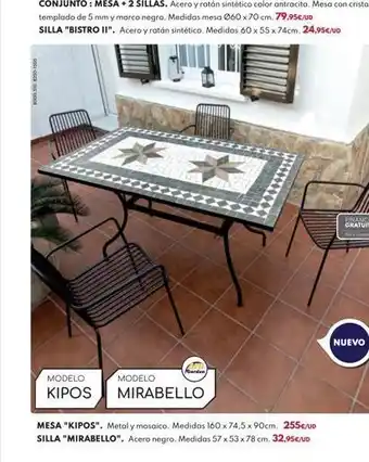 BricoCentro 8000 3108250-1506 conjunto : mesa +2 sillas. acero y ratán sintético color antracita. mesa con cristal templado de 5 mm y ma oferta