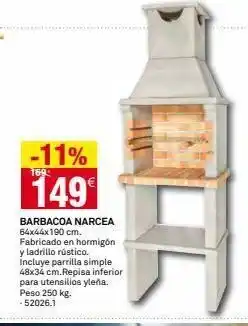 Bricoking -11% 169: 149€ barbacoa narcea 64x44x190 cm. fabricado en hormigón. y ladrillo rústico. incluye parrilla simple 48x34 cm. oferta