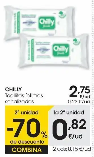 Eroski Chilly toallitas íntimas regular 12u oferta