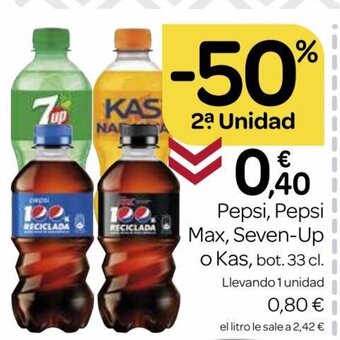 Supermercados El Jamón Pepsi, Pepsi Max, Seven Up o Kas bot. 33 cl. oferta