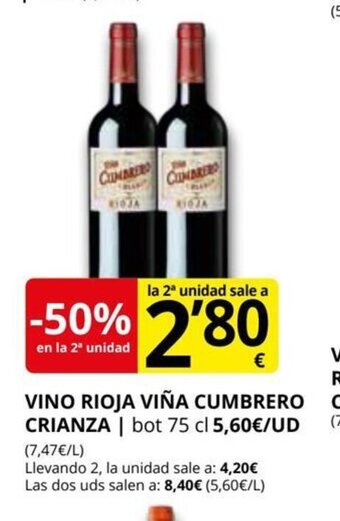 Supermercados MAS Vino Rioja Viña Cumbrero Crianza oferta