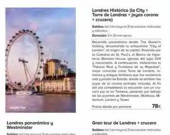 Viajes El Corte Inglés London eye londres panorámico y westminster londres histórico (la city + torre de londres + joyas corona + crucero) salida oferta