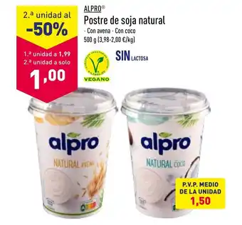 ALDI Alpro Postre de soja natural Con avena - Con coco 500g oferta