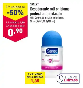 ALDI Sanex Desodorante roll on biome protect anti irritación 50 ml oferta