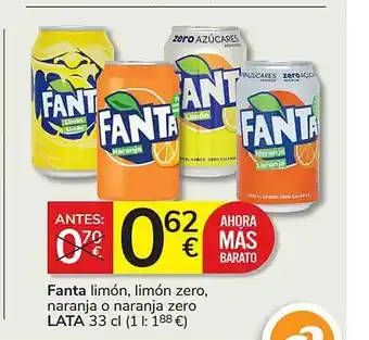 Consum Fanta limón, limón zero, naranja o naranja zero lata oferta