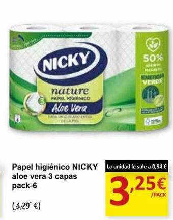 SPAR Papel higiénico nicky aloe vera 3 capas pack-6 oferta