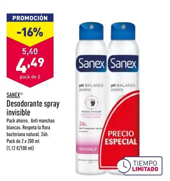 ALDI Sanex Desodorante spray invisible Pack de 2 x 200 ml oferta