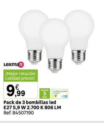 Leroy Merlin Pack De 3 Bombillas Led E27 5,9 W 2.700 K 806 LM oferta