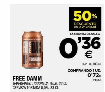 BM Supermercados 50% descuento en la 2a unidad free damm cerveza tostada 0.0% oferta