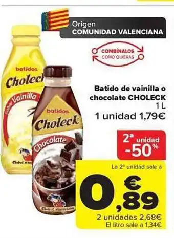 Carrefour 2a unidad -50% batido de vainilla o chocolate choleck oferta