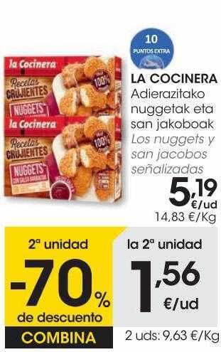 Eroski 2a unidad -70% de descuento la cocinera los nuggets y san jacobos señalizadas oferta