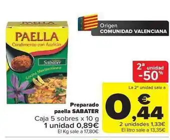 Carrefour 2a unidad -50% preparado paella sabater caja 5 sobres oferta