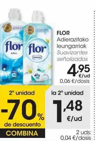 Eroski 2a unidad -70% de descuento flor suavizantes señalizados oferta