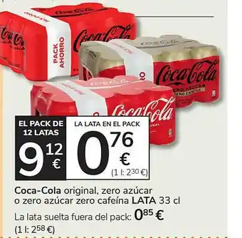 Consum Coca-cola, original, zero azúcar o zero azúcar zero cafeína lata oferta