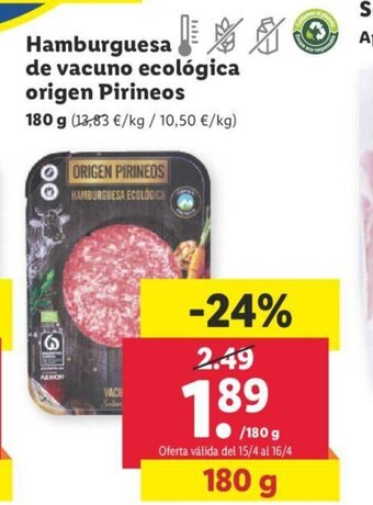 Lidl Hamburguesa de Vacuno Ecológica Origen Pirineos oferta