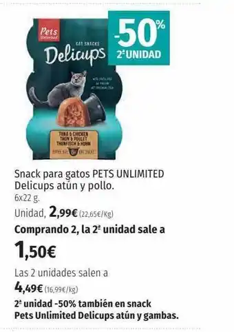 El Corte Inglés -50% 2a unidad snack para gatos pets unlimited delicups atún y pollo oferta