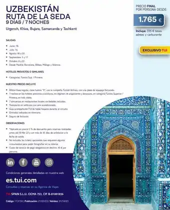 Tui Travel PLC Uzbekistán ruta de la seda 9 días / 7 noches urgench, khiva, bujara, samarcanda y tashkent salidas ● junio: 18. julio: 1 oferta
