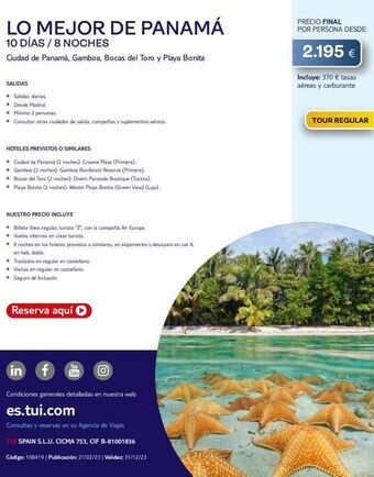 Tui Travel PLC Salidas • salidas diarias. • desde madrid. • minimo 2 personas. • consultar otras ciudades de salida, compañías y supleme oferta