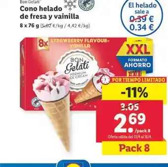 Lidl Bon gelati cono helado de fresa y vainilla oferta