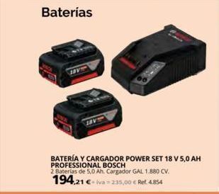 Coferdroza Batería y cargador power set 18 v 5,0 ah professional bosch 2 baterias de 5,0 ah. cargador gal 1.880 cv. 194,21 €-va-235,00 oferta