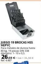 Coferdroza Juego 19 brocas hss hepyc para metales de dureza hasta 80 kg, 19 piezas din 338 diámetro: 1-10 x 0,5. 26,03 €+iva-31,50 € oferta