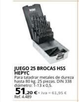 Coferdroza Juego 25 brocas hss hepyc para taladrar metales de dureza hasta 80 kg 25 piezas. din 338 diámetro: 1-13 x 0,5. 51,20 € -61, oferta