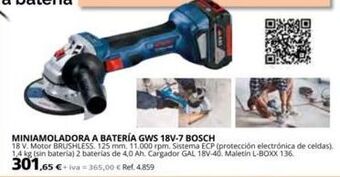 Coferdroza Iniamoladora a batería gws 18v-7 bosch 18 v. motor brushless, 125 mm, 11.000 rpm. sistema ecp (protección electrónica de cel oferta
