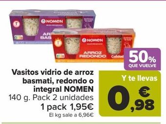 Carrefour Vasitos vidrio de arroz basmati, redondo o integral nomen oferta