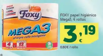 HiperDino Papel higiénico mega3, 4 rollos foxy oferta