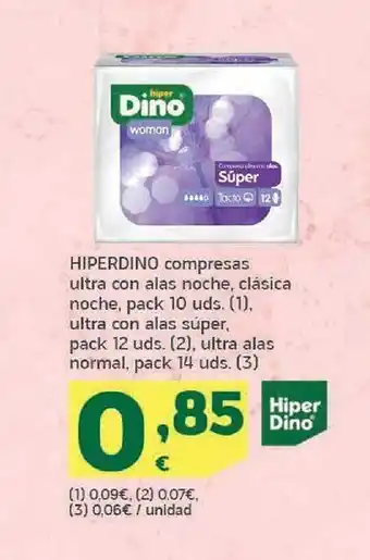 HiperDino Hiperdino compresas ultra con alas noche, clásica noche ultra con alas súper, ultra alas normal oferta