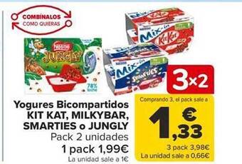 Carrefour Yogures bicompartidos kit kat, milkybar smarties o jungly oferta