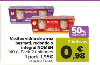 Carrefour Vasitos vidrio de arroz basmati, redondo o integral nomen oferta