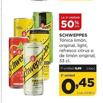 Alimerka La 2a unidad 50% dto. schweppes tónica limón, original, light, refresco citrus o de limón original oferta
